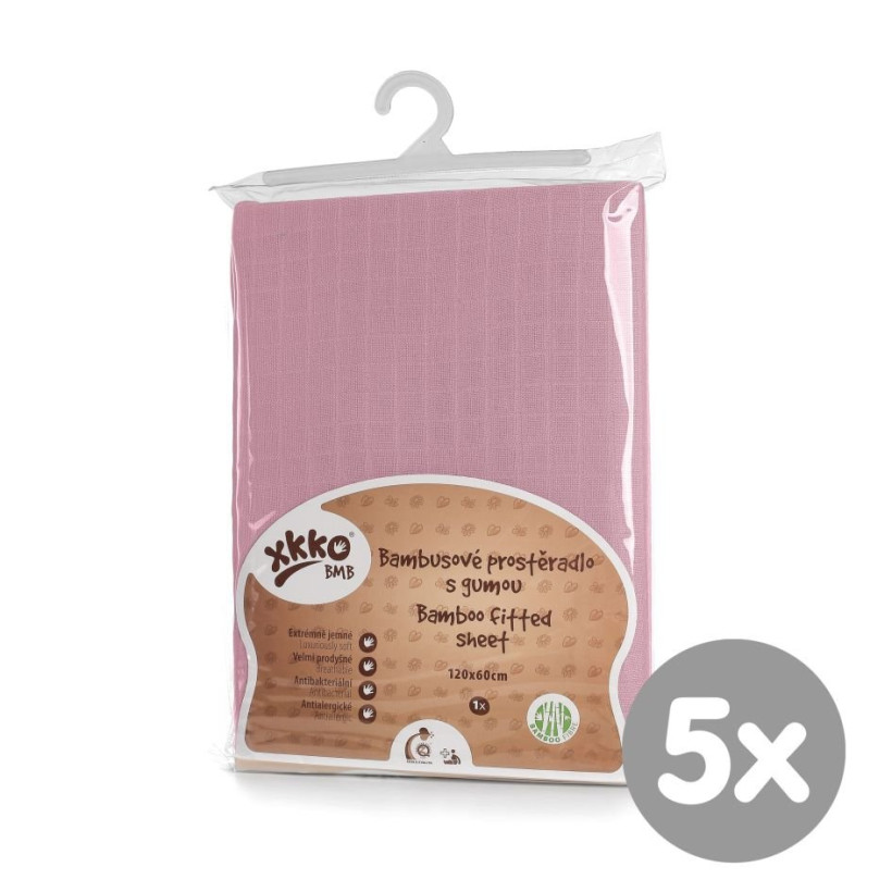 Bambusowe prześcieradło z gumką  XKKO BMB 120x60 - Baby Pink 5x1szt. (Hurtowe opak.)