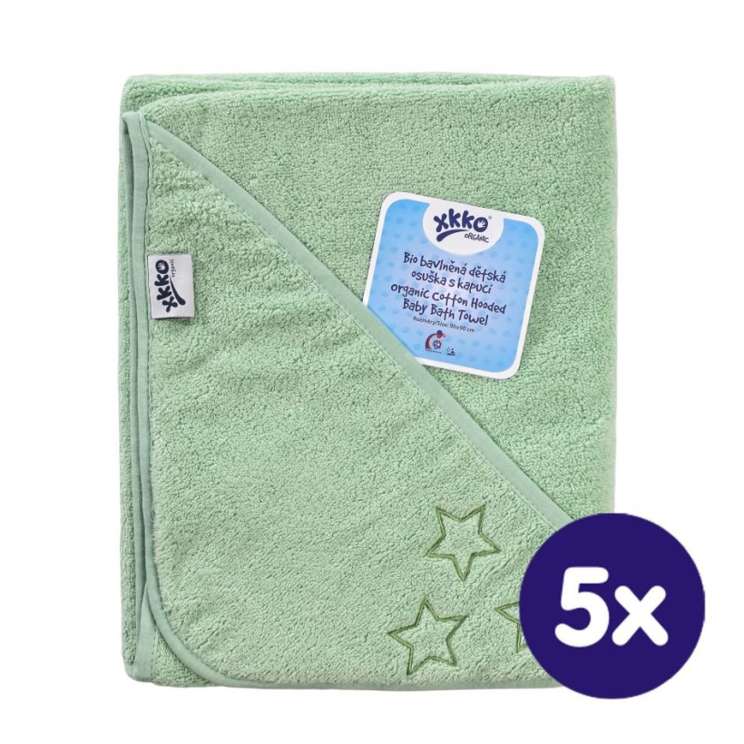 Ręcznik z kapturkiem z bawełny organicznej XKKO Organic 90x90 - Mint Stars 5x1szt. (Hurtowe opak.)