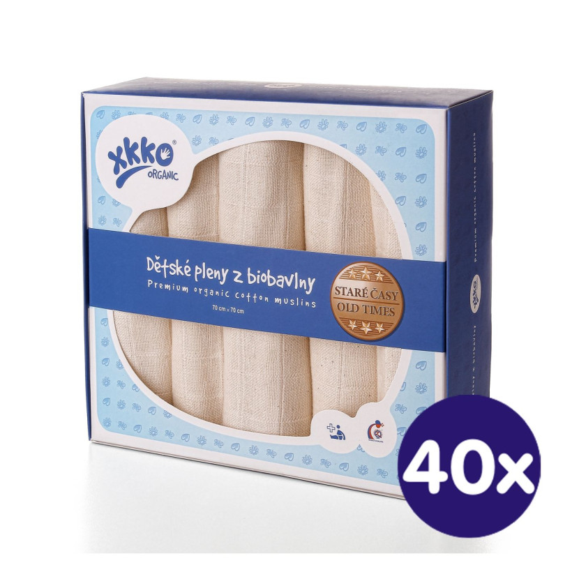 Dětské pleny z biobavlny XKKO Organic 70x70cm - Staré časy Natural 40x5ks VO bal.