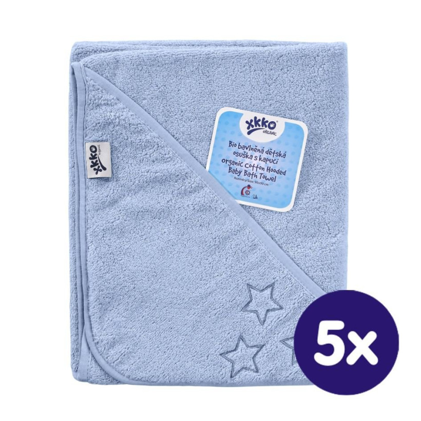 Ręcznik z kapturkiem z bawełny organicznej XKKO Organic 90x90 - Baby Blue Stars 5x1szt. (Hurtowe opak.)