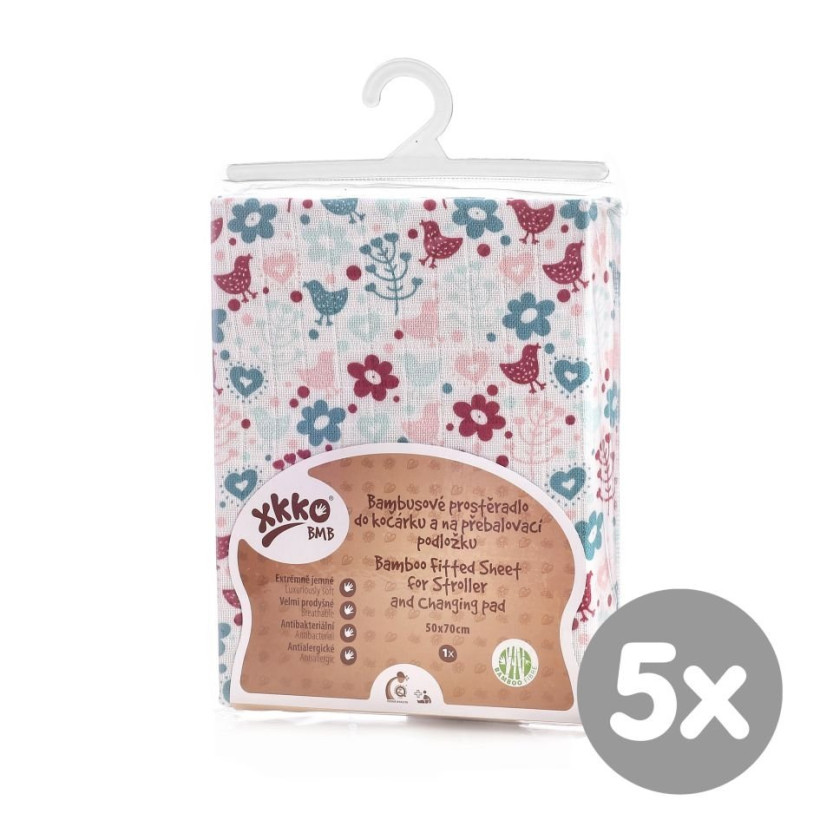 Bambusowe prześcieradło z gumką XKKO BMB 120x60 - Flowers&Birds For Girls 5x1szt. (Hurtowe opak.)