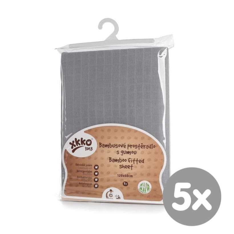 Bambusowe prześcieradło z gumką XKKO BMB 120x60 - Baby Grey 5x1szt. (Hurtowe opak.)