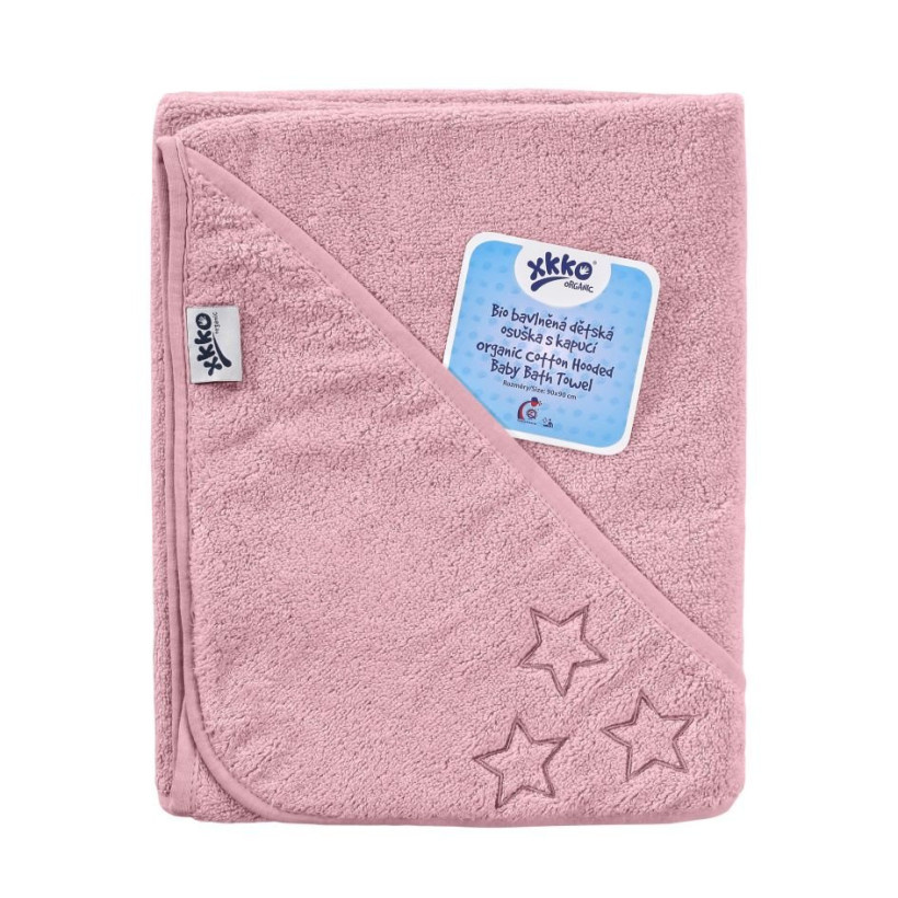 Ręcznik z kapturkiem z bawełny organicznej XKKO Organic 90x90 - Baby Pink Stars