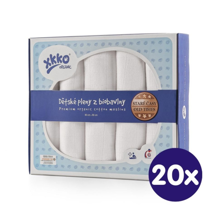 Pieluszki XKKO Organic 80x80 - Stare Czasy Białe 20x5szt. (Hurtowe opak.)