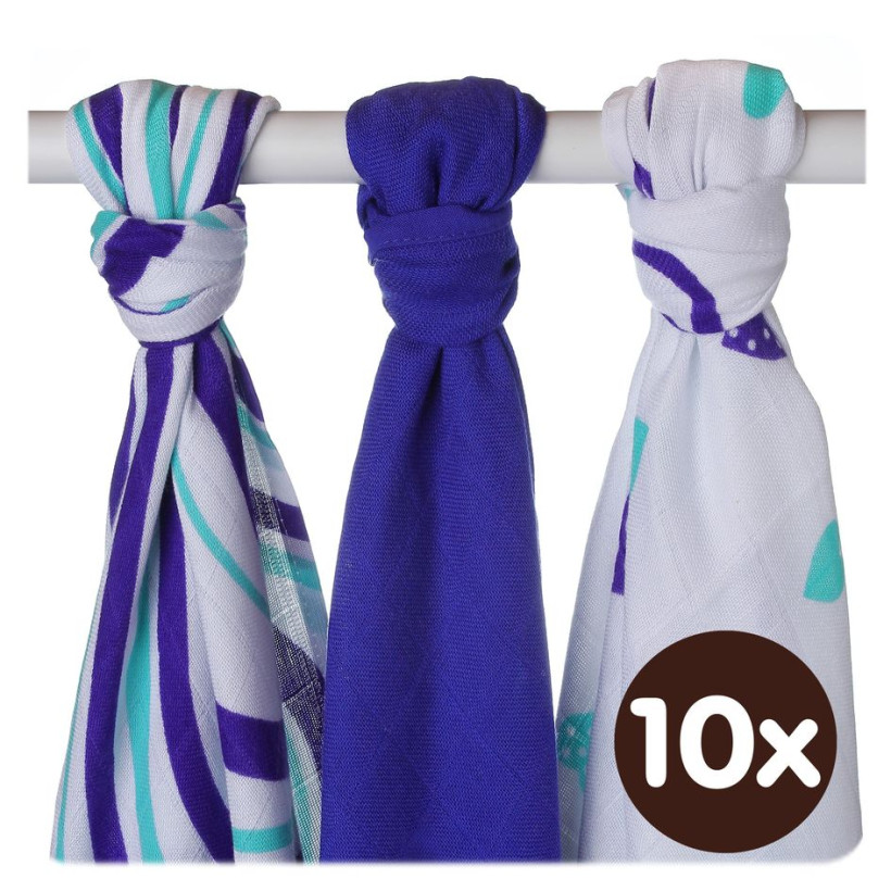 Bambusowe pieluchy XKKO BMB 70x70 - Hearts&Waves Ocean Blue MIX 10x3st. (Hurtowe opak.)