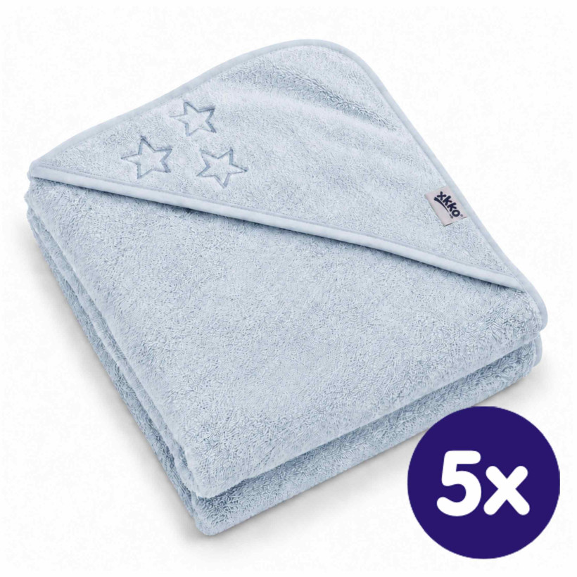 Ręcznik z kapturkiem z bawełny organicznej XKKO Organic 90x90 - Baby Blue Stars 5x1szt. (Hurtowe opak.)