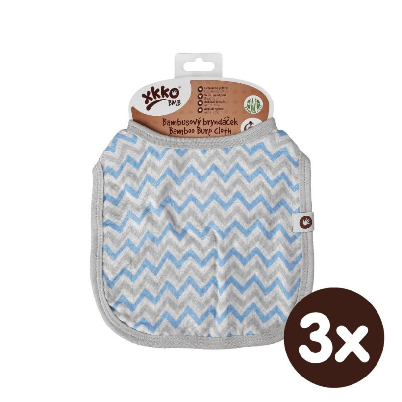 Bambusowy śliniak XKKO BMB - Baby Blue Chevron 3x1szt. (Hurtowe opak.)