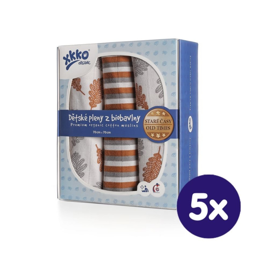 Dětské pleny z biobavlny XKKO Organic 70x70 Staré časy - Dub 5x3ks (VO bal.)