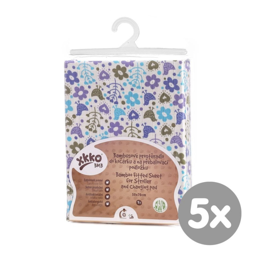 Bambusowe prześcieradło z gumką XKKO BMB 50x70 - Flowers&Birds For Boys 5x1szt (Hurtowe opak.)