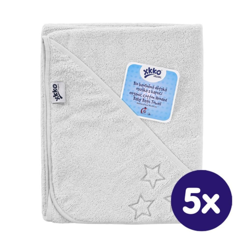 Ręcznik z kapturkiem z bawełny organicznej XKKO Organic 90x90 - White Stars 5x1szt. (Hurtowe opak.)