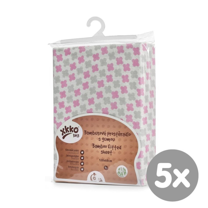 Bambusowe prześcieradło z gumką XKKO BMB 120x60 - Baby Pink Cross 5x1szt. (Hurtowe opak.)