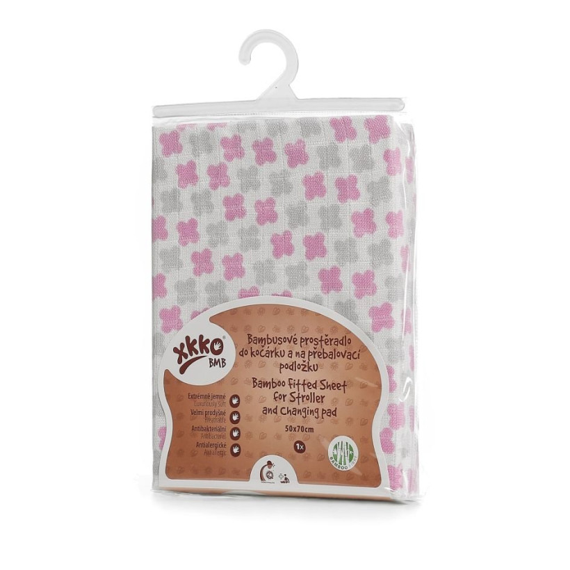 Bambusowe prześcieradło z gumką XKKO BMB 50x70 - Baby Pink Cross 5x1szt (Hurtowe opak.)