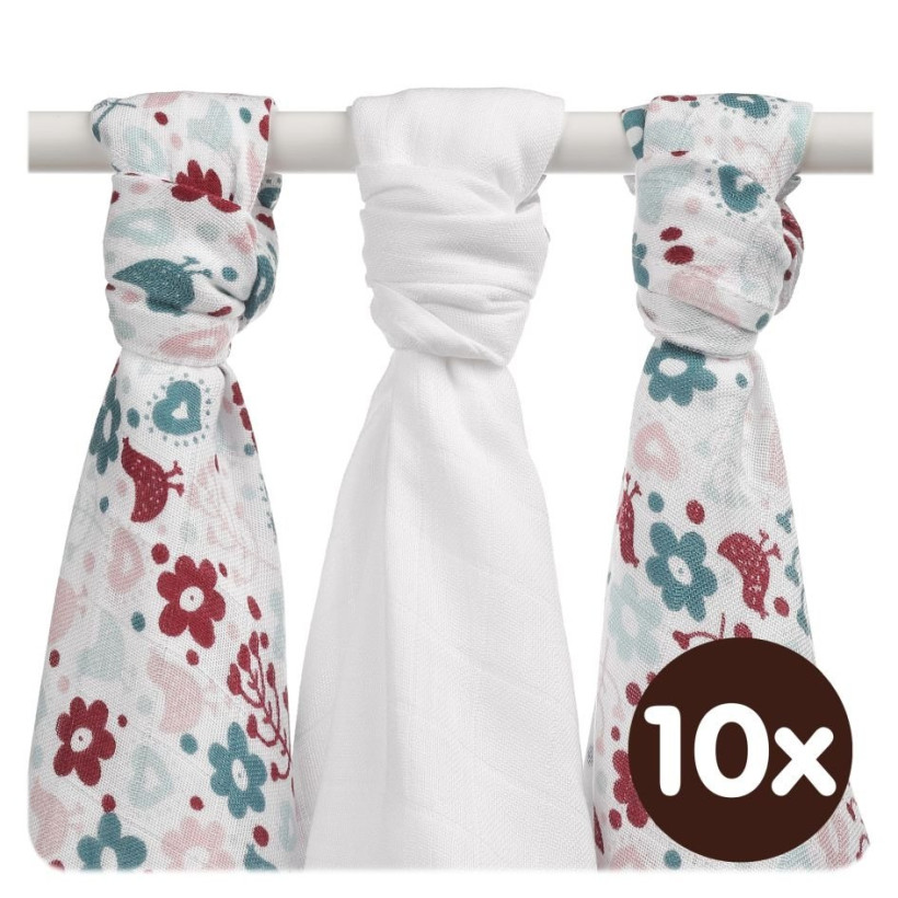 Bambusowe pieluchy XKKO BMB 70x70 - Flowers&Birds Girls MIX 10x3st. (Hurtowe opak.)