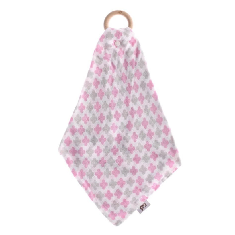 Gryzak bambusowy XKKO BMB z muślinem - Baby Pink Cross 6x1szt. (Hurt. opak.)