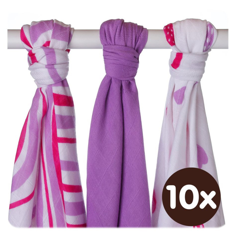 Bambusowe pieluchy XKKO BMB 70x70 - Hearts&Waves Lilac MIX 10x3st. (Hurtowe opak.)