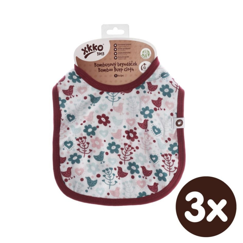 Bambusowy śliniak XKKO BMB - Flowers&Birds Girls (z PUL) 3x1szt. (Hurtowe opak.)