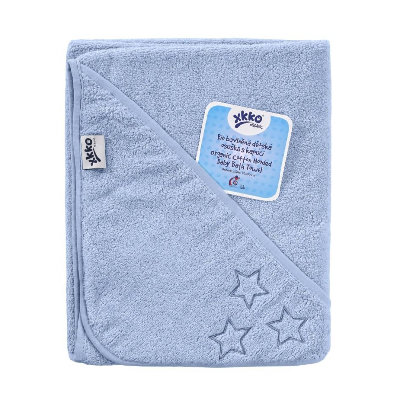 Ręcznik z kapturkiem z bawełny organicznej XKKO Organic 90x90 - Baby Blue Stars