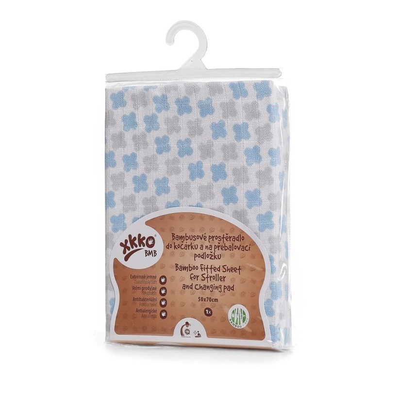 Bambusowe prześcieradło z gumką XKKO BMB 50x70 - Baby Blue Cross 5x1szt (Hurtowe opak.)