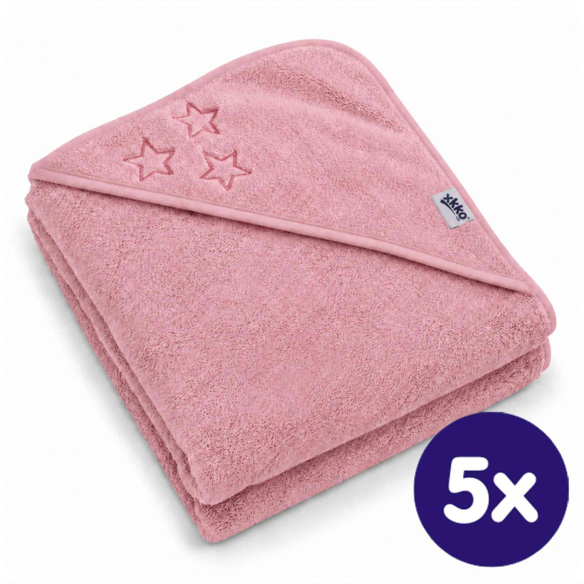 Ręcznik z kapturkiem z bawełny organicznej XKKO Organic 90x90 - Baby Pink Stars 5x1szt. (Hurtowe opak.)