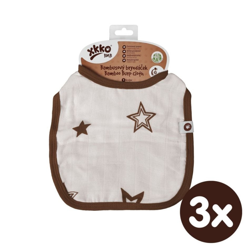 Bambusowy śliniak XKKO BMB - Natural Brown Stars 3x1szt. (Hurtowe opak.)