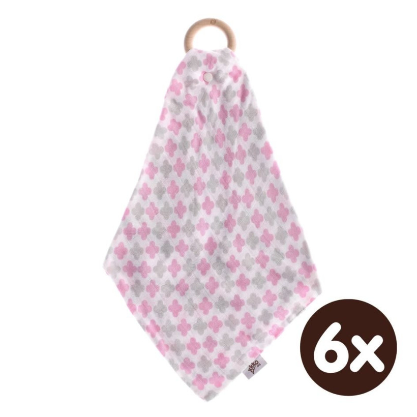 Gryzak bambusowy XKKO BMB z muślinem - Baby Pink Cross 6x1szt. (Hurt. opak.)