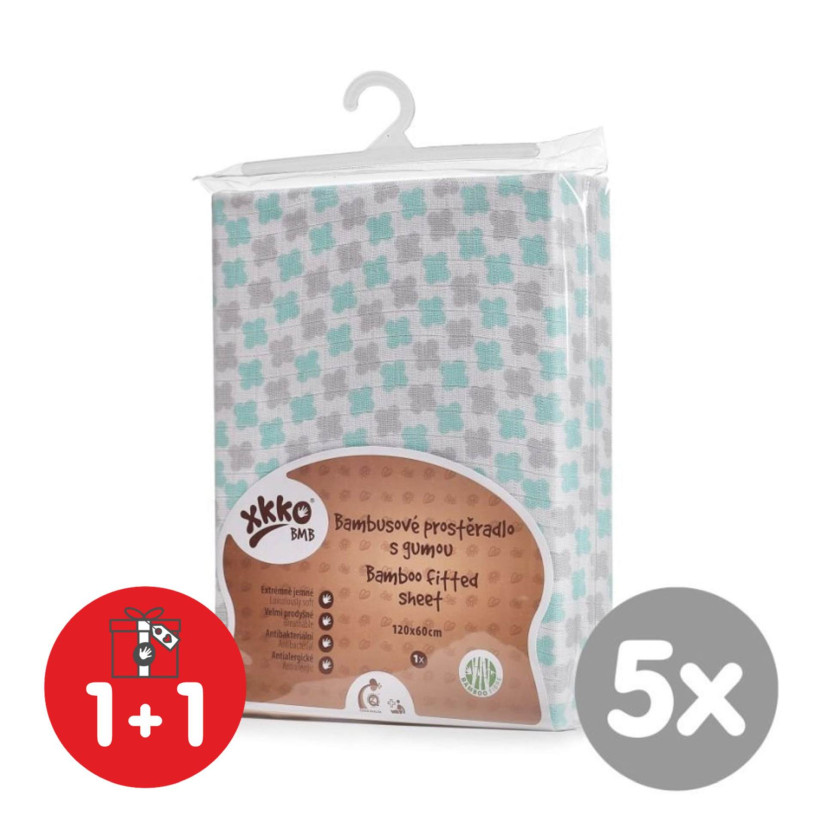 Bambusowe prześcieradło z gumką XKKO BMB 120x60 - Mint Cross 5x1szt. (Hurtowe opak.)