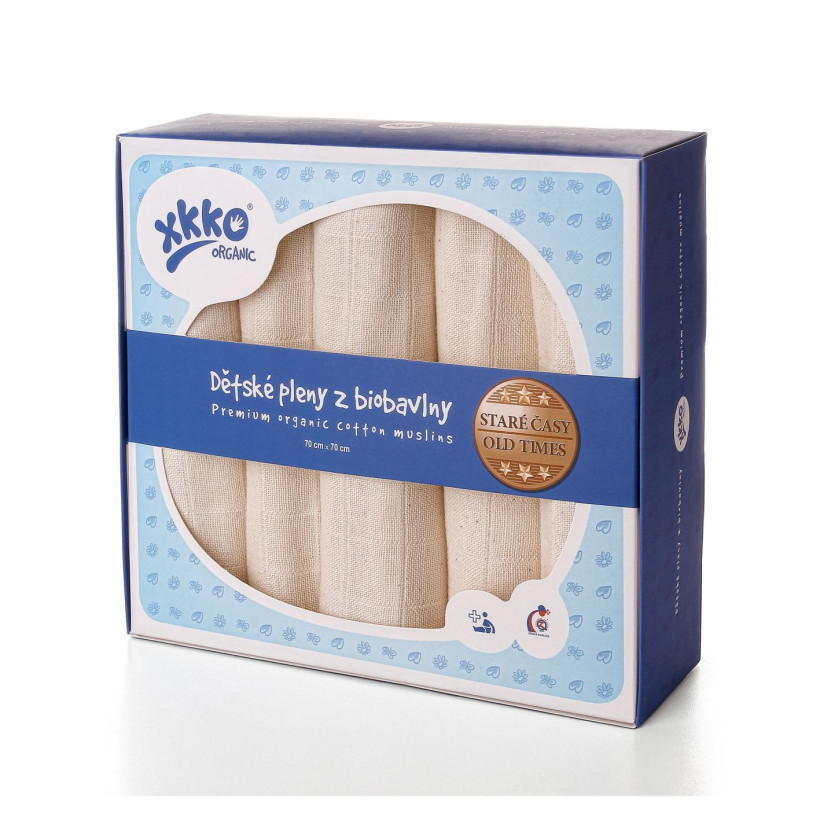 Dětské pleny z biobavlny XKKO Organic 70x70cm - Staré časy Natural 40x5ks VO bal.