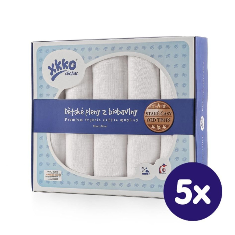 Pieluszki XKKO Organic 80x80 - Stare Czasy Białe 5x5szt. (Hurtowe opak.)