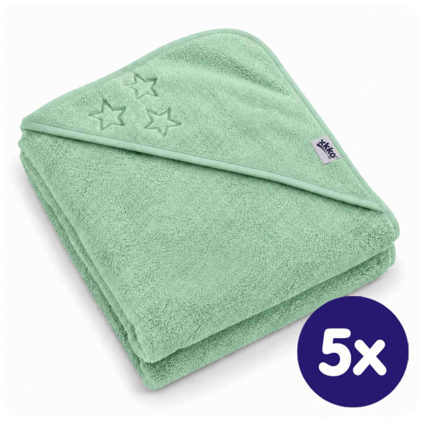 Ręcznik z kapturkiem z bawełny organicznej XKKO Organic 90x90 - Mint Stars 5x1szt. (Hurtowe opak.)